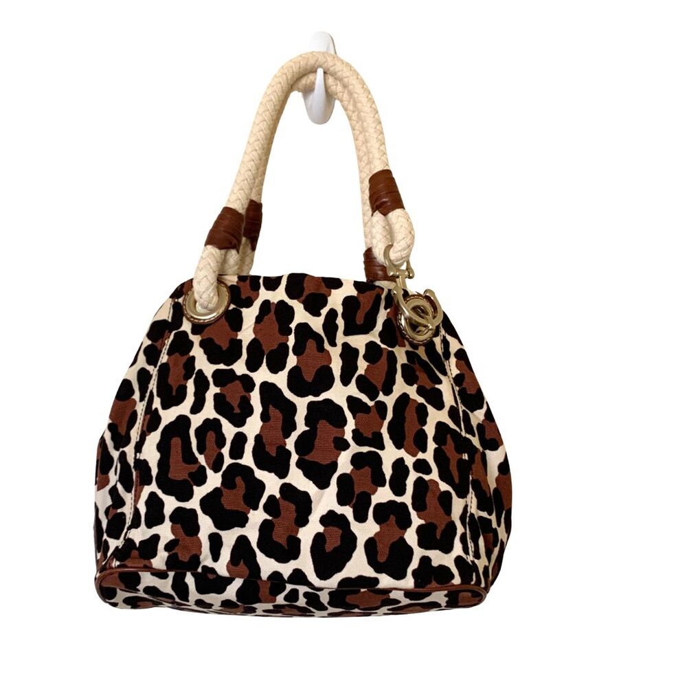 Michael Kors Leopard Print Canvas Shoulder Bag Braided Rope Handle Purse - Picture 3 of 12